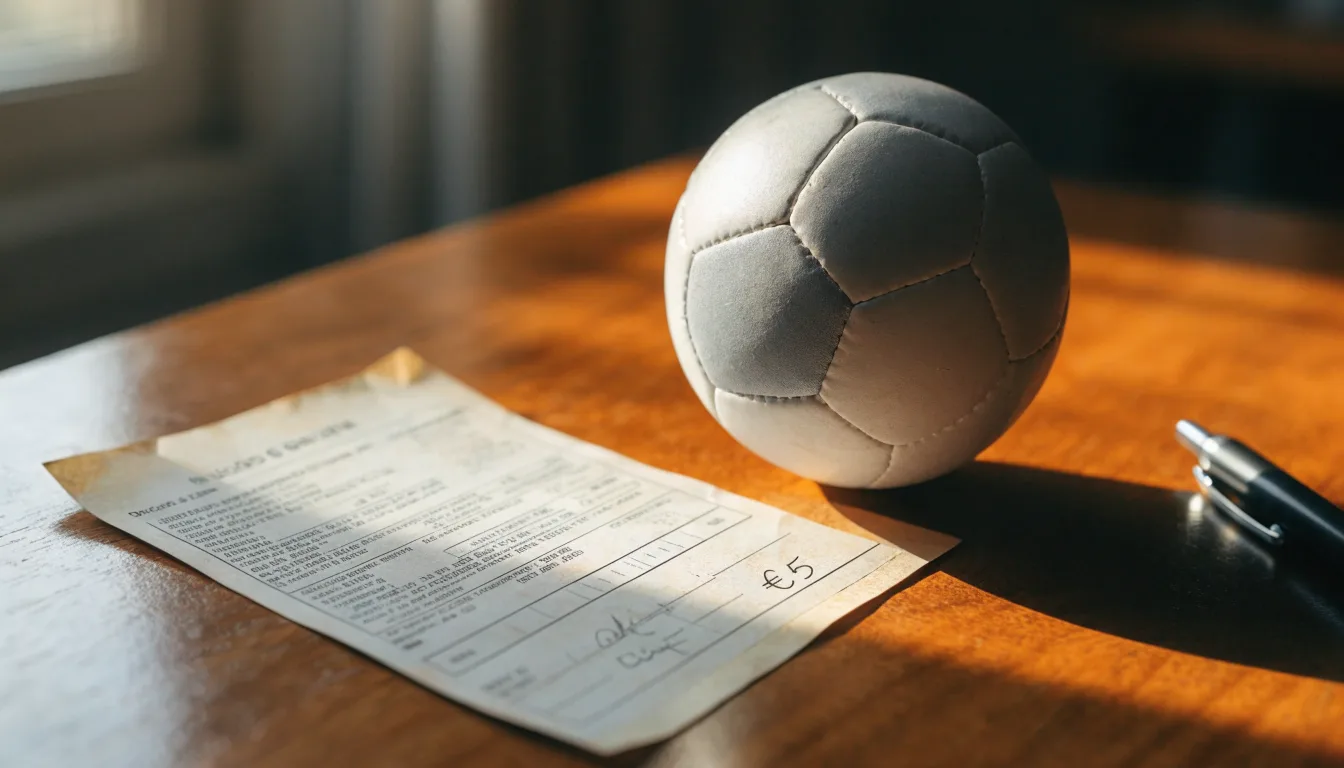 Uma bola de futebol pousada sobre um talão de apostas em branco numa mesa de madeira, à luz do dia