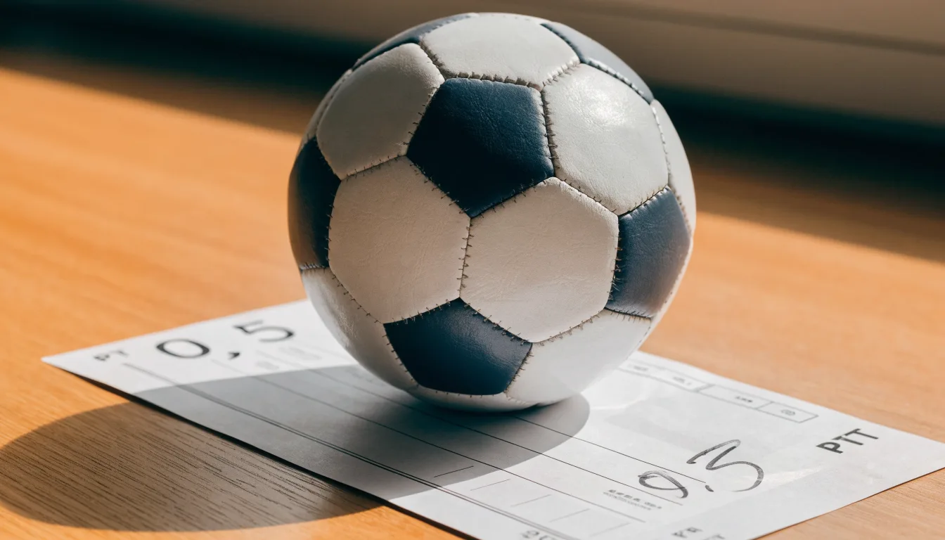 Uma bola de futebol pousada sobre um talão de apostas em branco numa mesa de madeira, à luz do dia