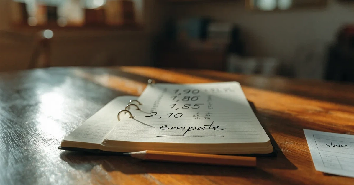 Um caderno aberto com cotas escritas à mão, uma calculadora e um lápis sobre uma mesa de madeira