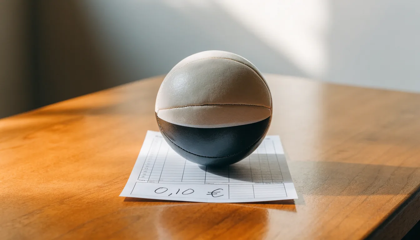 Uma bola de futebol pousada sobre um talão de apostas em branco numa mesa de madeira, à luz do dia