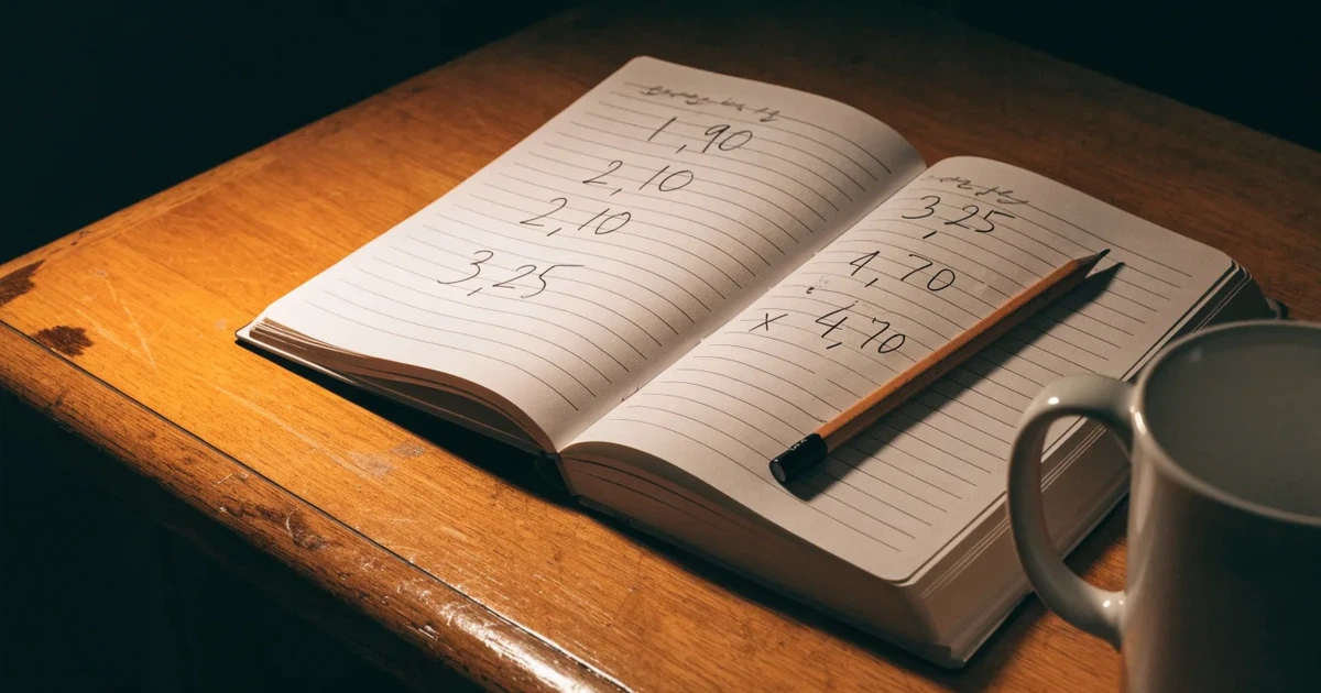 Um caderno aberto com cotas escritas à mão, uma calculadora e um lápis sobre uma mesa de madeira