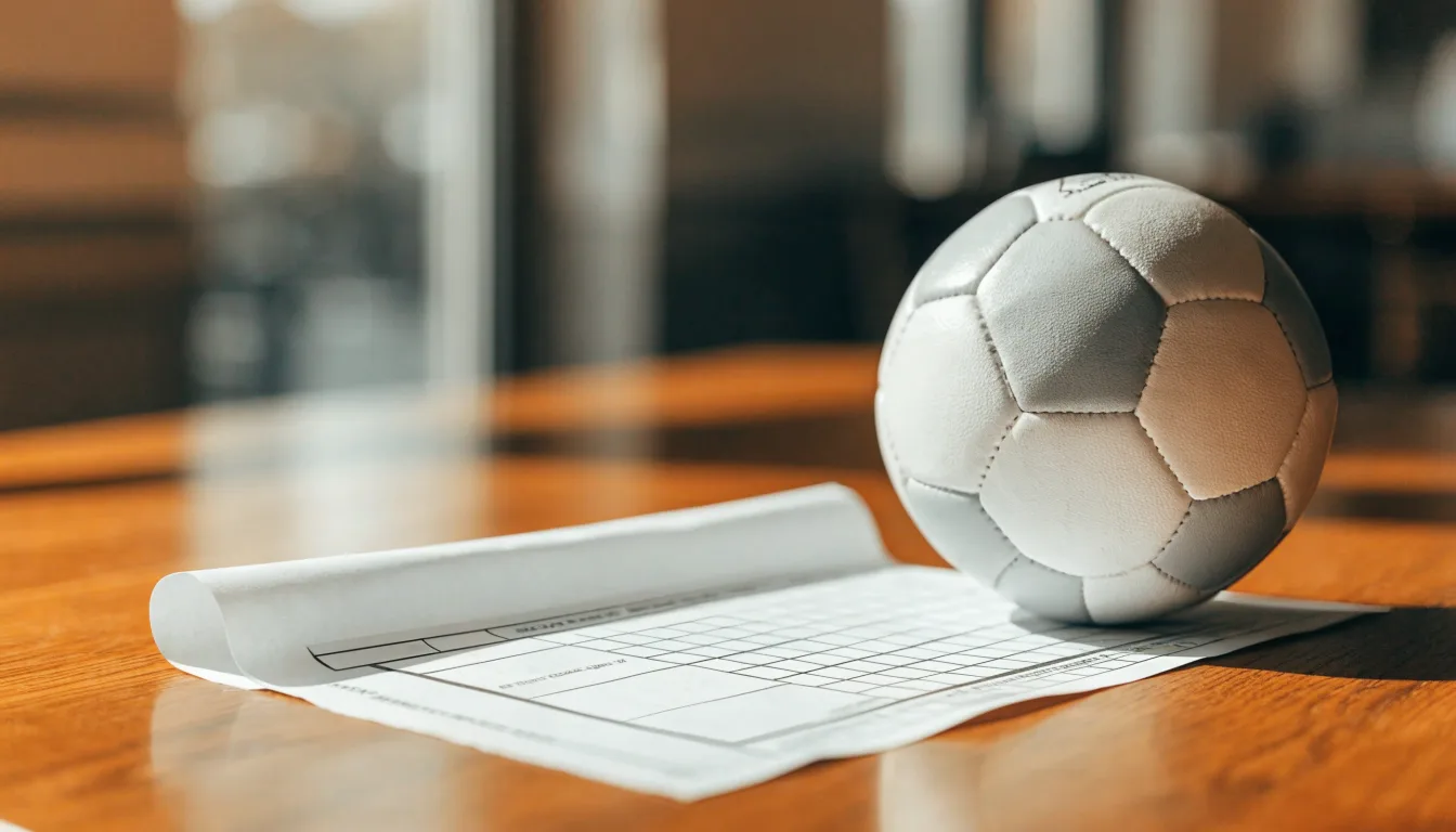 Uma bola de futebol pousada sobre um talão de apostas em branco numa mesa de madeira, à luz do dia
