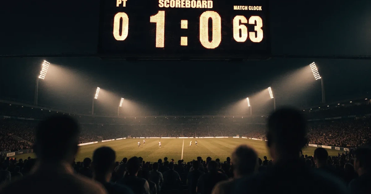 Um marcador eletrónico de um estádio com o resultado a meio da segunda parte, visto das bancadas