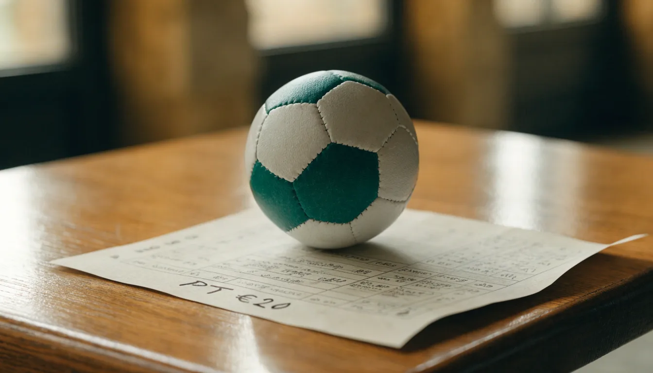 Uma bola de futebol pousada sobre um talão de apostas em branco numa mesa de madeira, à luz do dia