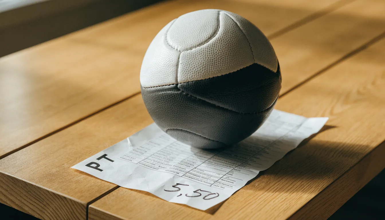 Uma bola de futebol pousada sobre um talão de apostas em branco numa mesa de madeira, à luz do dia