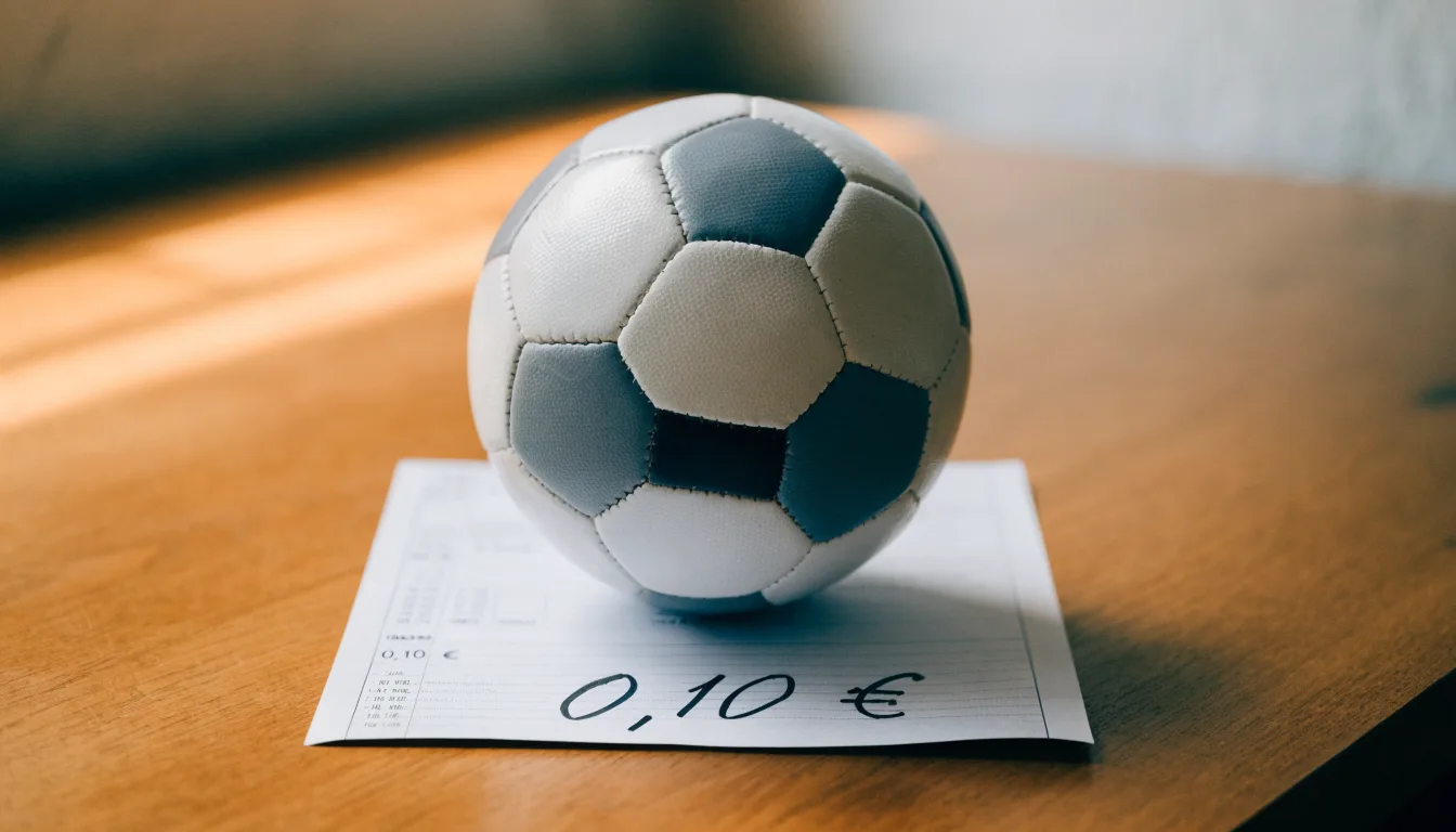 Uma bola de futebol pousada sobre um talão de apostas em branco numa mesa de madeira, à luz do dia