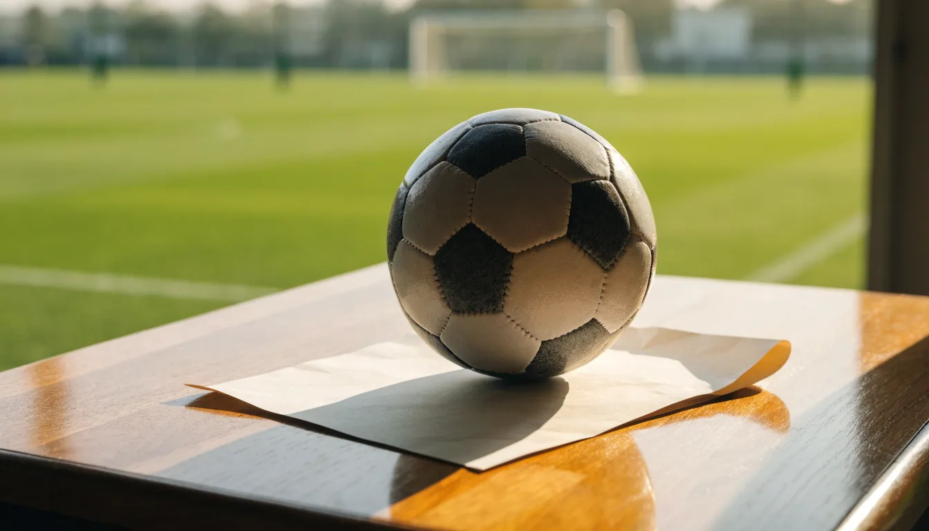 Uma bola de futebol pousada sobre um talão de apostas em branco numa mesa de madeira, à luz do dia