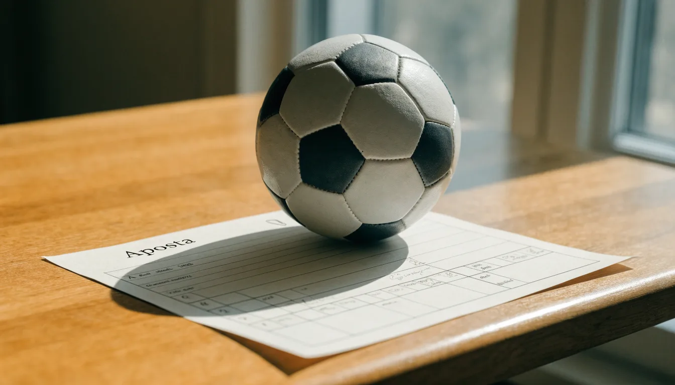 Uma bola de futebol pousada sobre um talão de apostas em branco numa mesa de madeira, à luz do dia