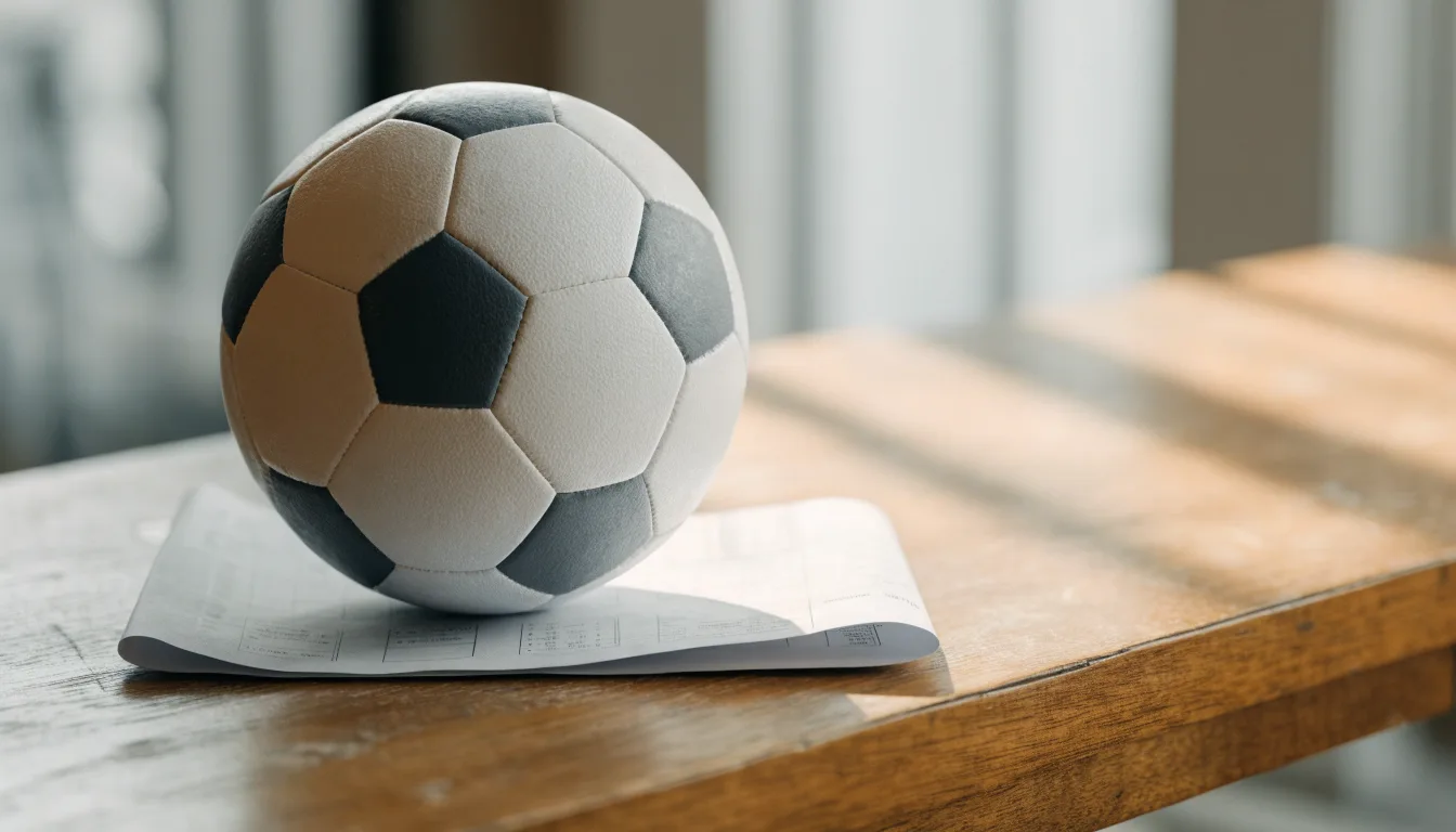Uma bola de futebol pousada sobre um talão de apostas em branco numa mesa de madeira, à luz do dia