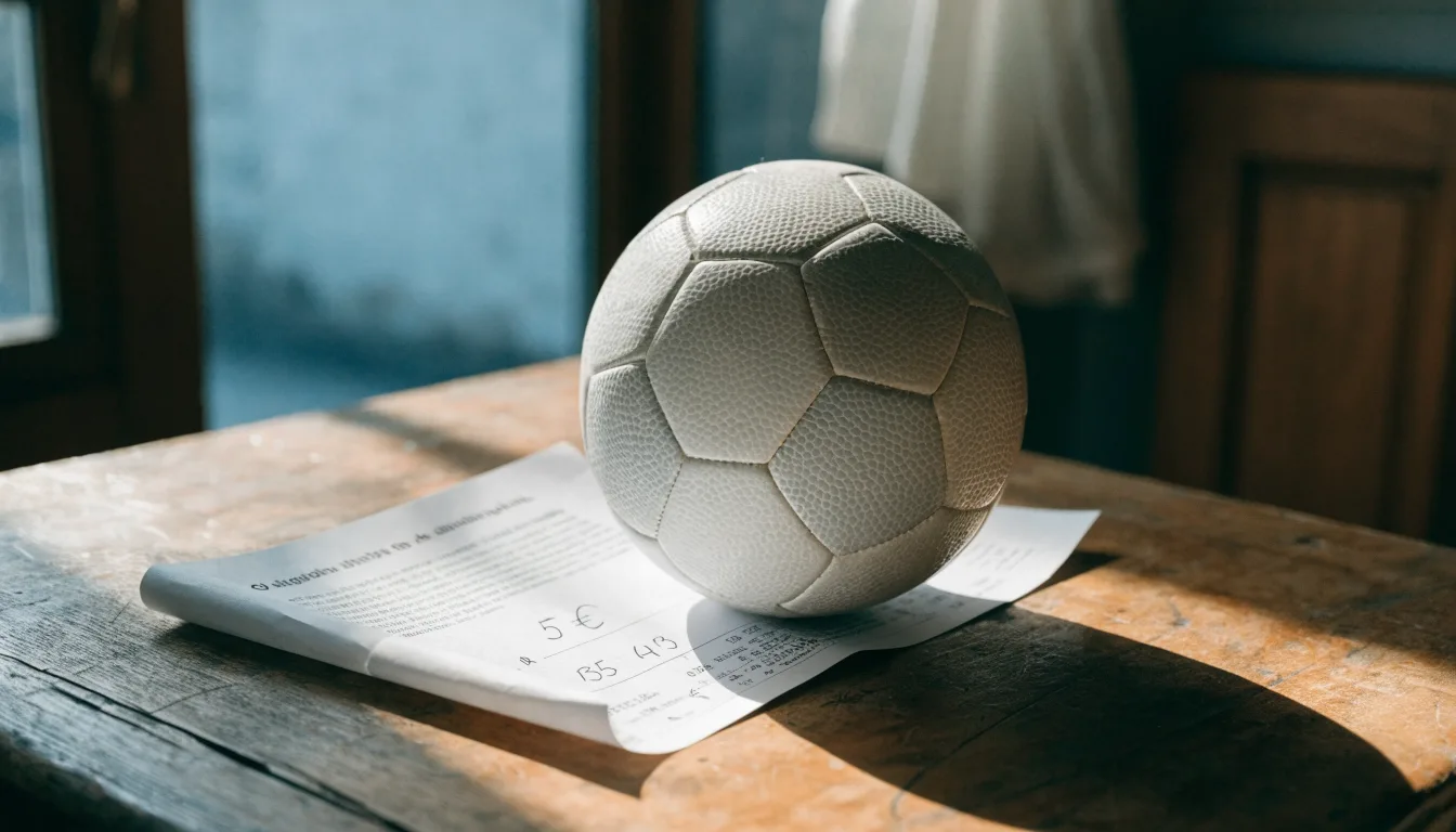 Uma bola de futebol pousada sobre um talão de apostas em branco numa mesa de madeira, à luz do dia