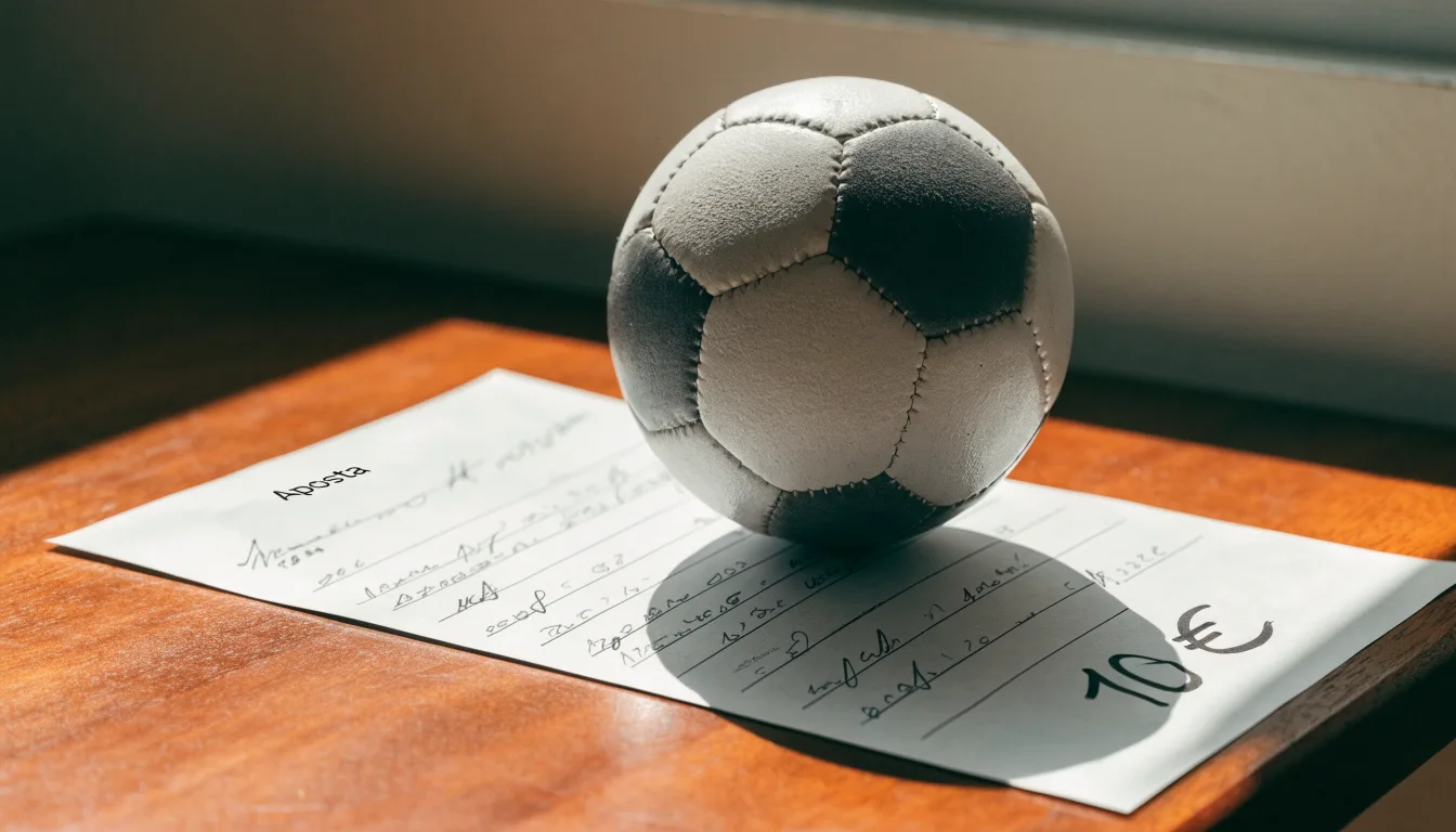 Uma bola de futebol pousada sobre um talão de apostas em branco numa mesa de madeira, à luz do dia