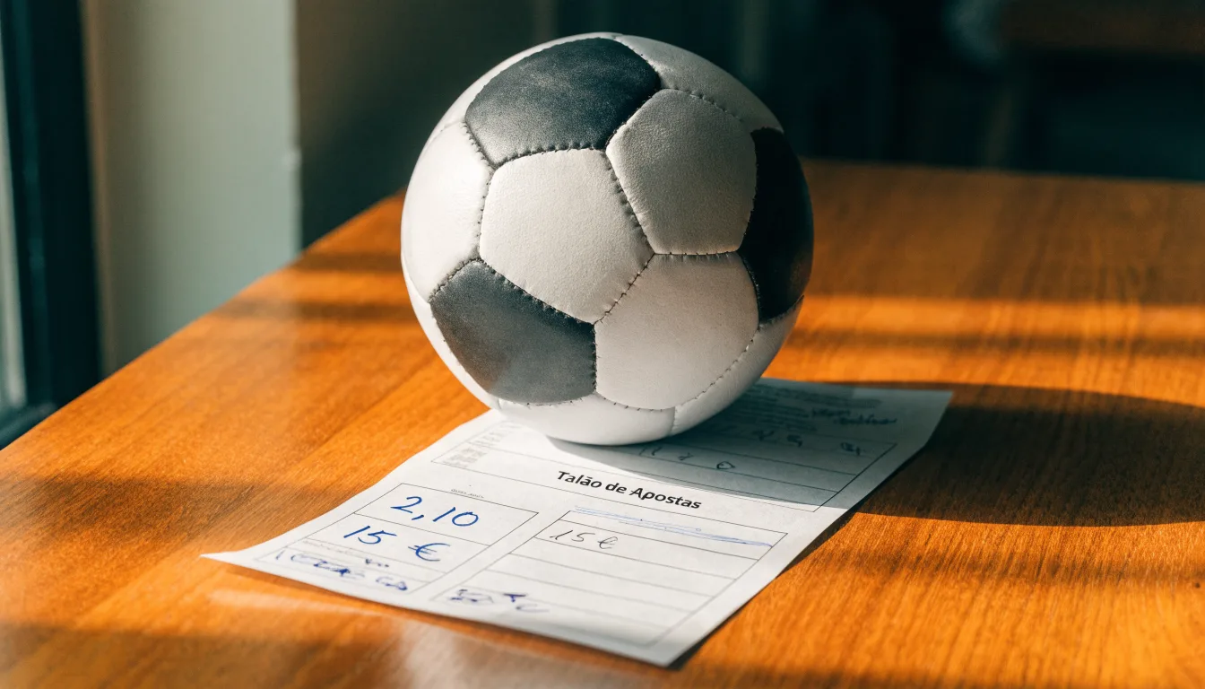 Uma bola de futebol pousada sobre um talão de apostas em branco numa mesa de madeira, à luz do dia