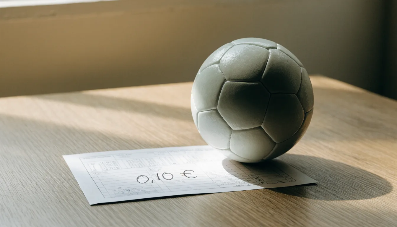 Uma bola de futebol pousada sobre um talão de apostas em branco numa mesa de madeira, à luz do dia