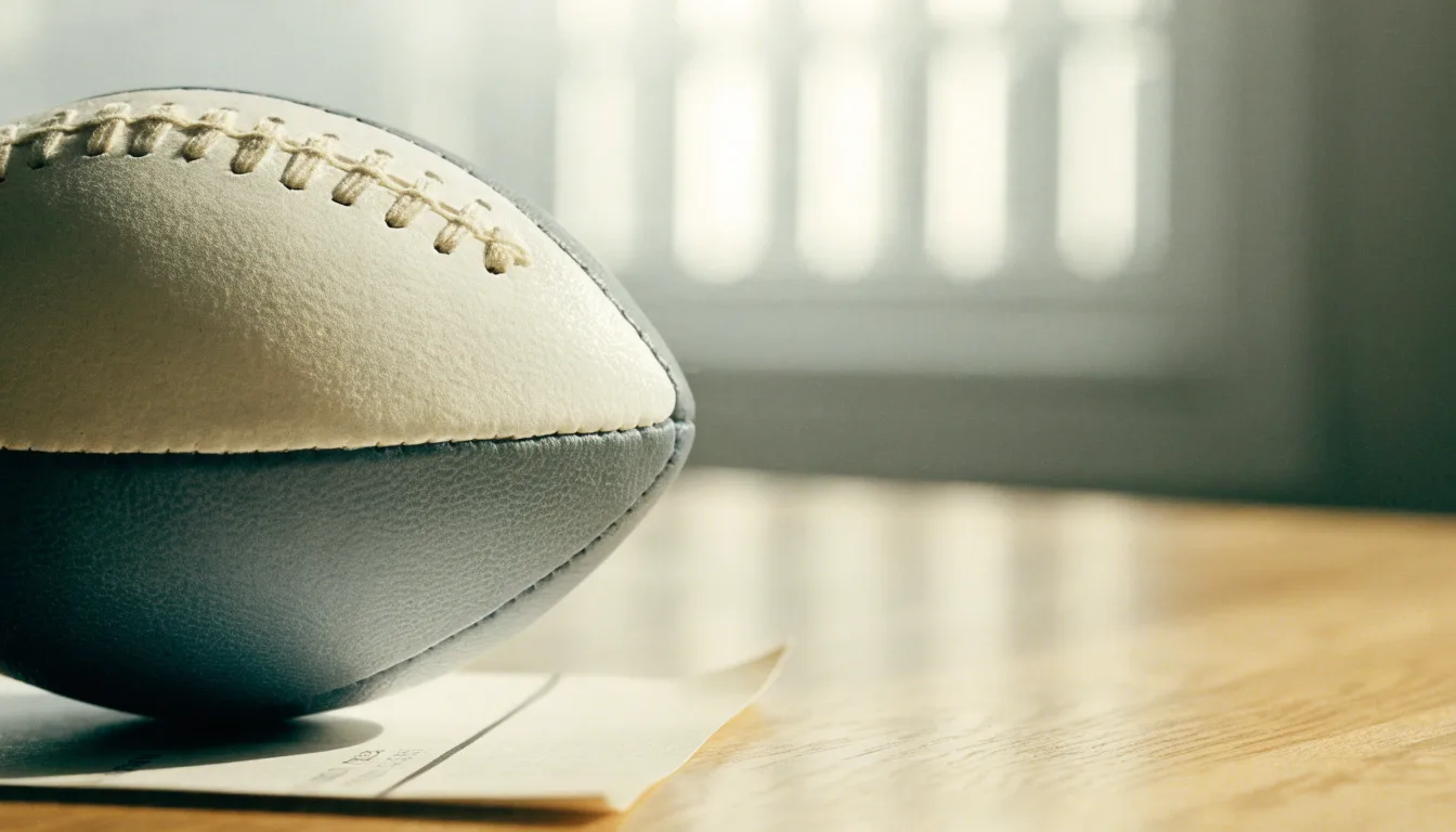Uma bola de futebol pousada sobre um talão de apostas em branco numa mesa de madeira, à luz do dia