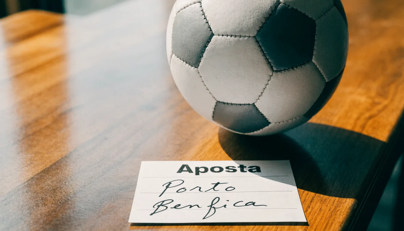 Uma bola de futebol pousada sobre um talão de apostas em branco numa mesa de madeira, à luz do dia