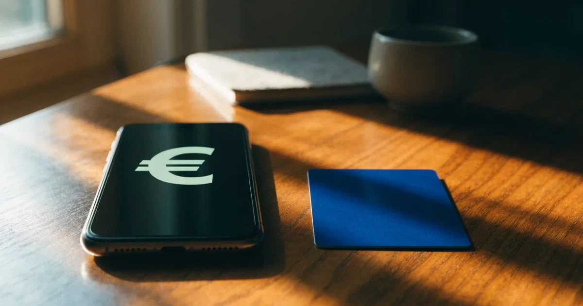 Um telemóvel e um cartão bancário lado a lado numa mesa de madeira, com algumas notas de euro ao lado