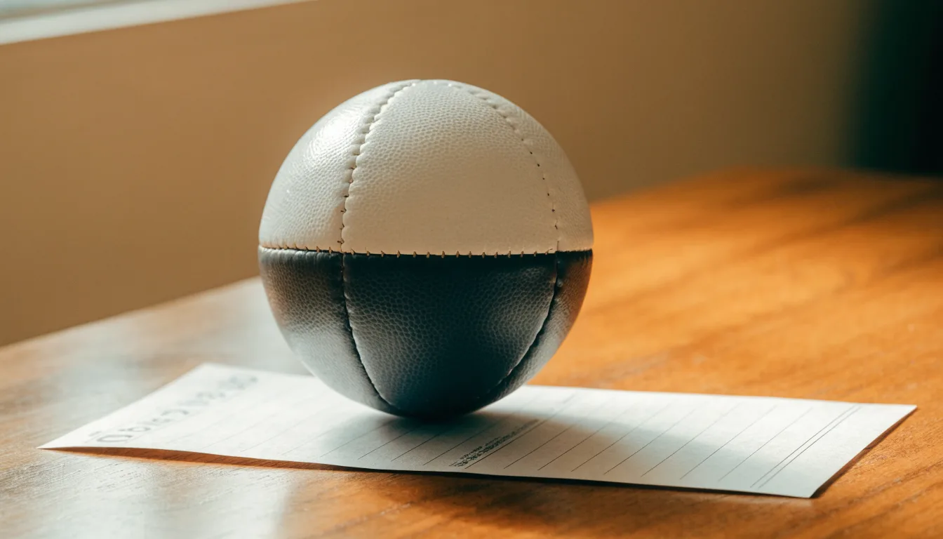 Uma bola de futebol pousada sobre um talão de apostas em branco numa mesa de madeira, à luz do dia