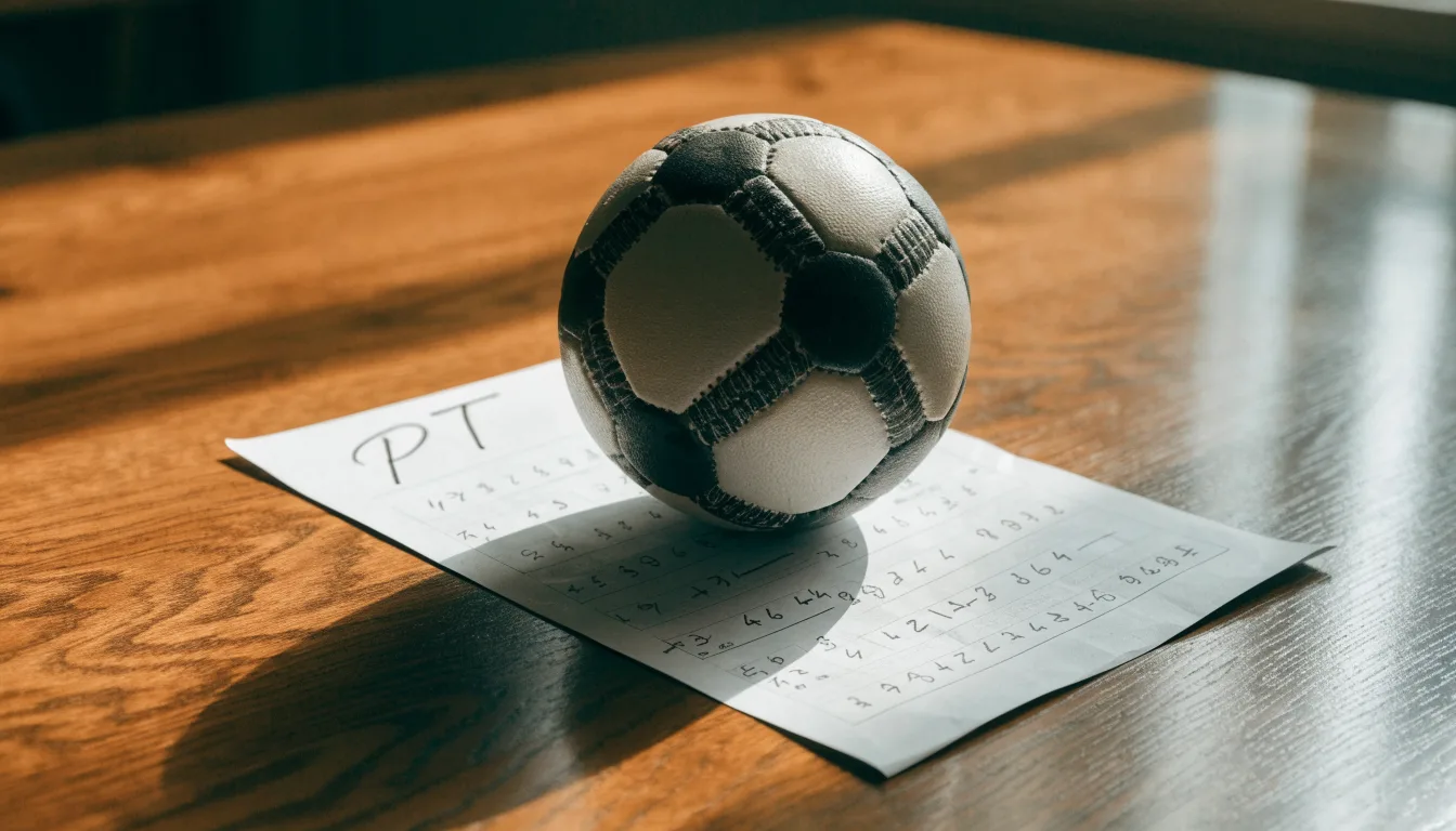 Uma bola de futebol pousada sobre um talão de apostas em branco numa mesa de madeira, à luz do dia