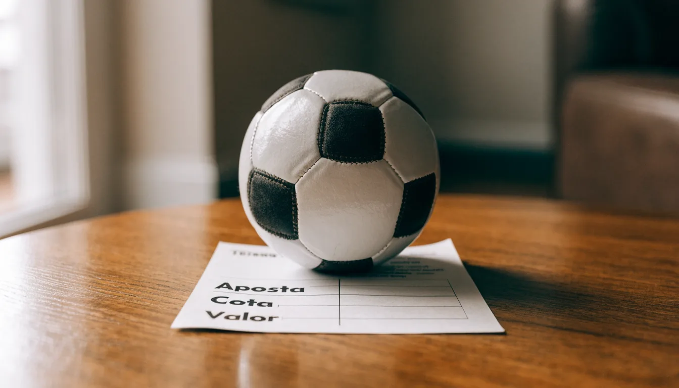 Uma bola de futebol pousada sobre um talão de apostas em branco numa mesa de madeira, à luz do dia