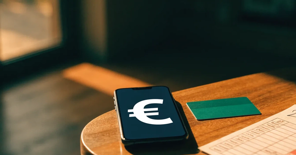 Um telemóvel e um cartão bancário lado a lado numa mesa de madeira, com algumas notas de euro ao lado
