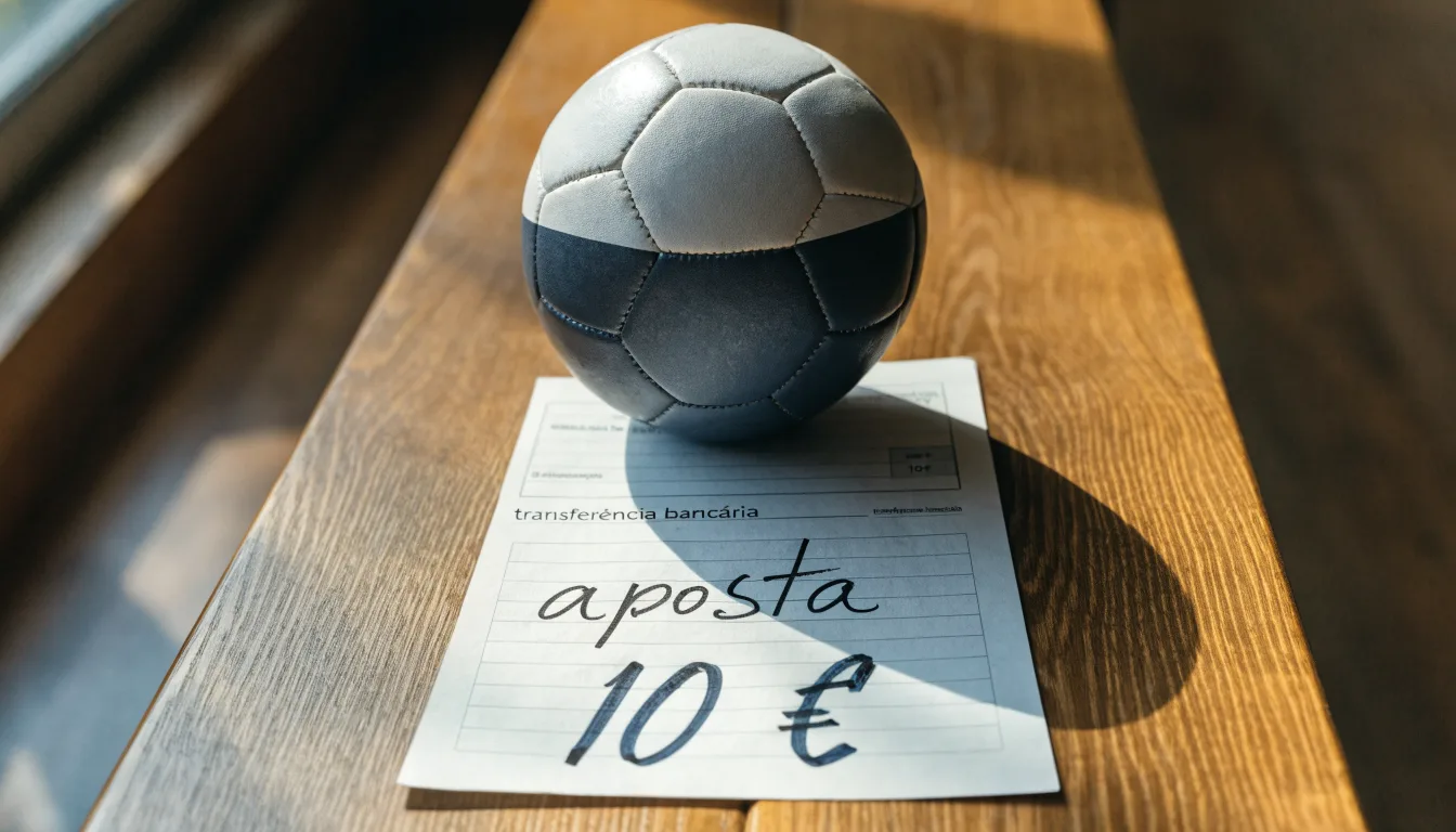 Uma bola de futebol pousada sobre um talão de apostas em branco numa mesa de madeira, à luz do dia