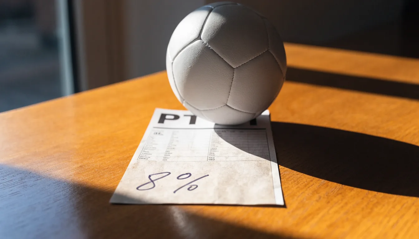Uma bola de futebol pousada sobre um talão de apostas em branco numa mesa de madeira, à luz do dia