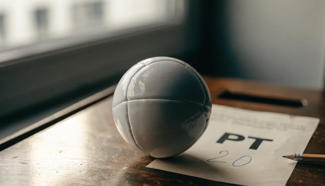 Uma bola de futebol pousada sobre um talão de apostas em branco numa mesa de madeira, à luz do dia