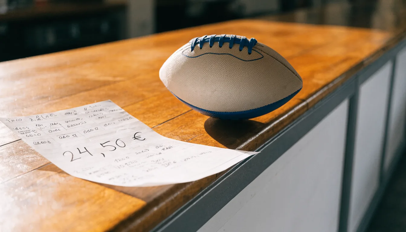 Uma bola de futebol pousada sobre um talão de apostas em branco numa mesa de madeira, à luz do dia