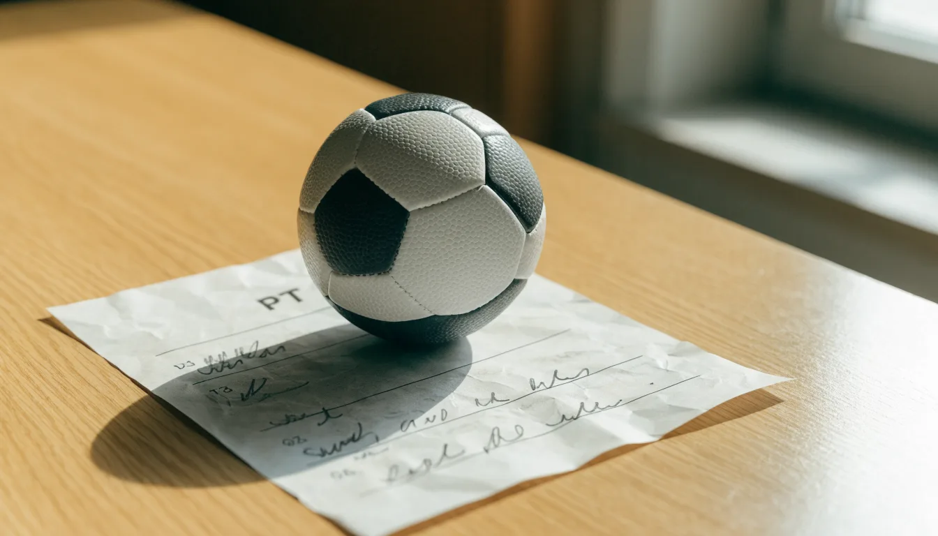 Uma bola de futebol pousada sobre um talão de apostas em branco numa mesa de madeira, à luz do dia