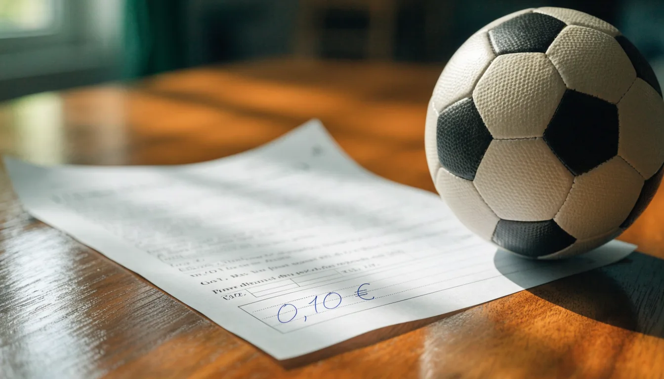 Uma bola de futebol pousada sobre um talão de apostas em branco numa mesa de madeira, à luz do dia
