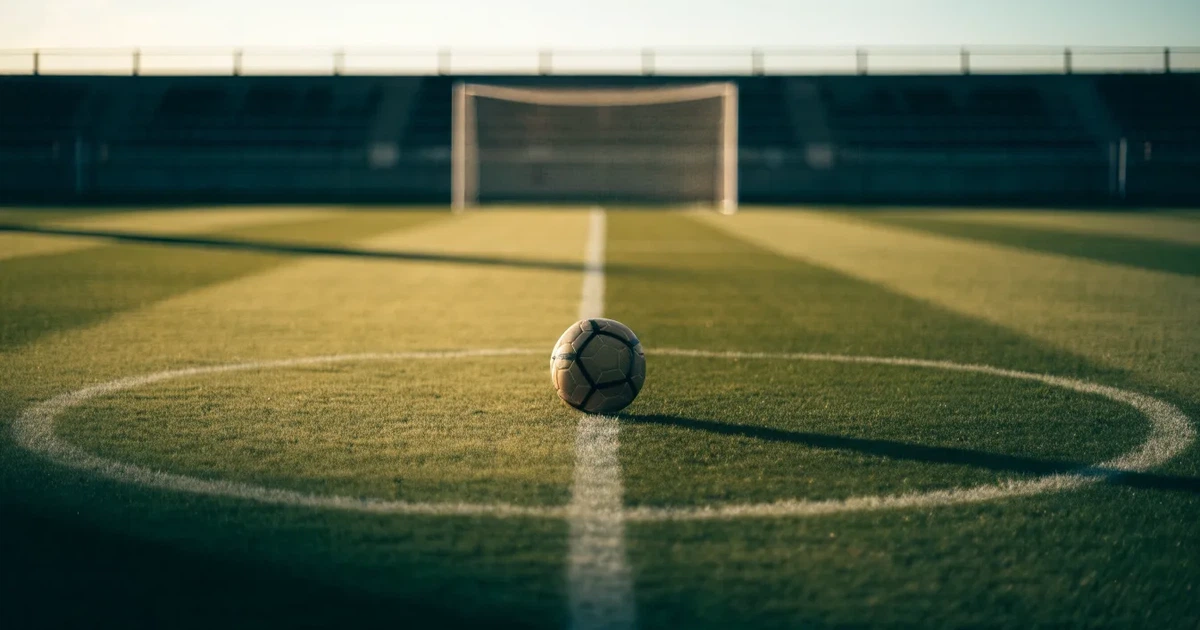 Uma bola de futebol no ponto central de um relvado, à luz da manhã