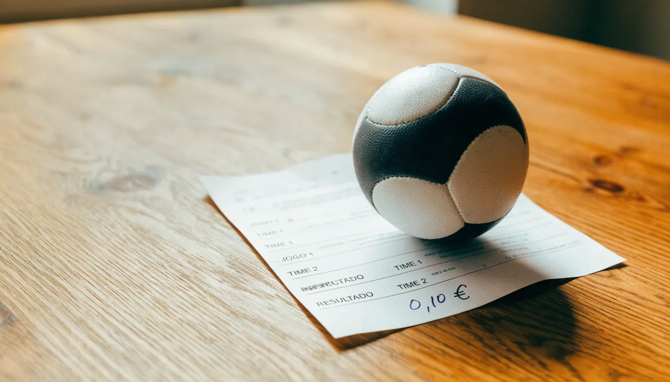 Uma bola de futebol pousada sobre um talão de apostas em branco numa mesa de madeira, à luz do dia