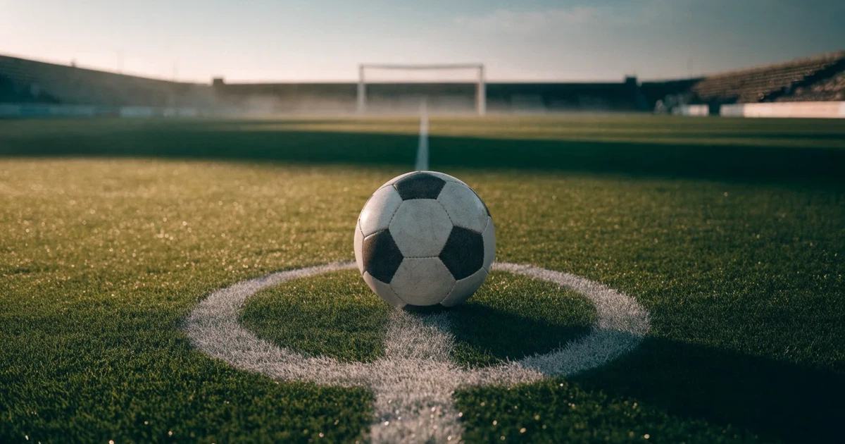 Uma bola de futebol no ponto central de um relvado, à luz da manhã