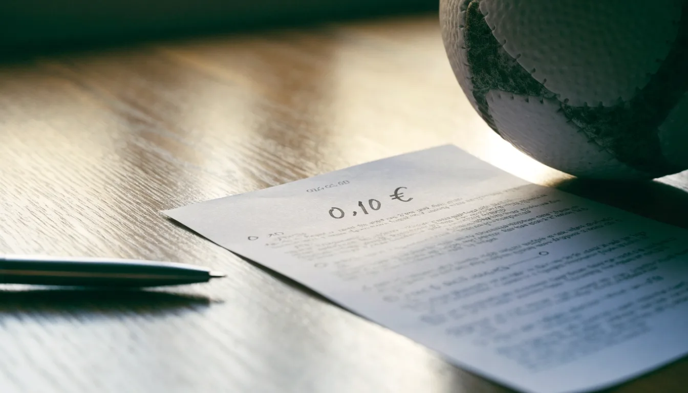 Uma bola de futebol pousada sobre um talão de apostas em branco numa mesa de madeira, à luz do dia