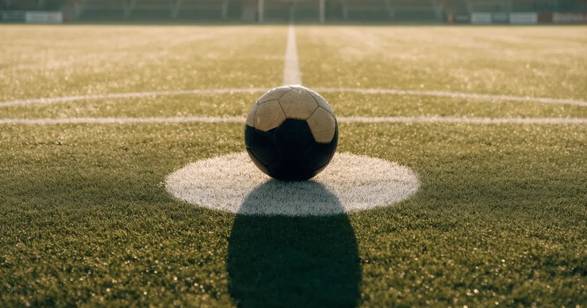 Uma bola de futebol no ponto central de um relvado, à luz da manhã
