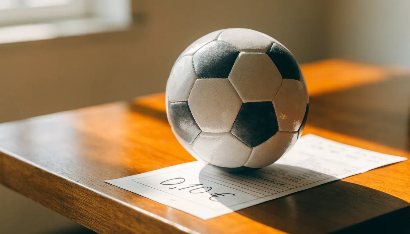 Uma bola de futebol pousada sobre um talão de apostas em branco numa mesa de madeira, à luz do dia