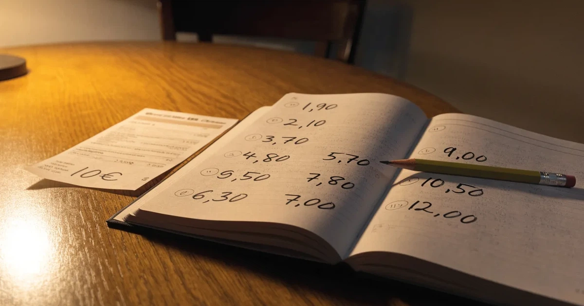 Um caderno aberto com cotas escritas à mão, uma calculadora e um lápis sobre uma mesa de madeira