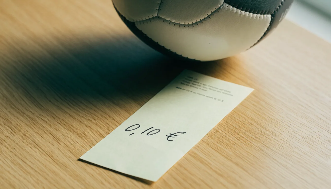 Uma bola de futebol pousada sobre um talão de apostas em branco numa mesa de madeira, à luz do dia