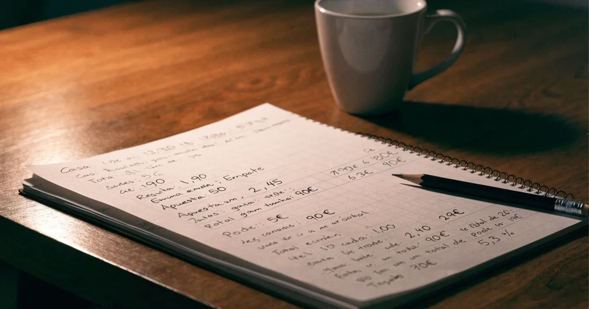 Um caderno aberto com cotas escritas à mão, uma calculadora e um lápis sobre uma mesa de madeira