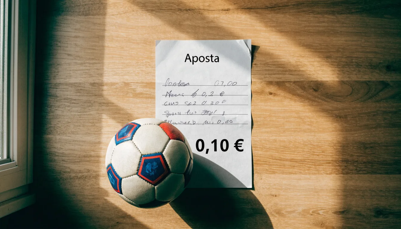 Uma bola de futebol pousada sobre um talão de apostas em branco numa mesa de madeira, à luz do dia