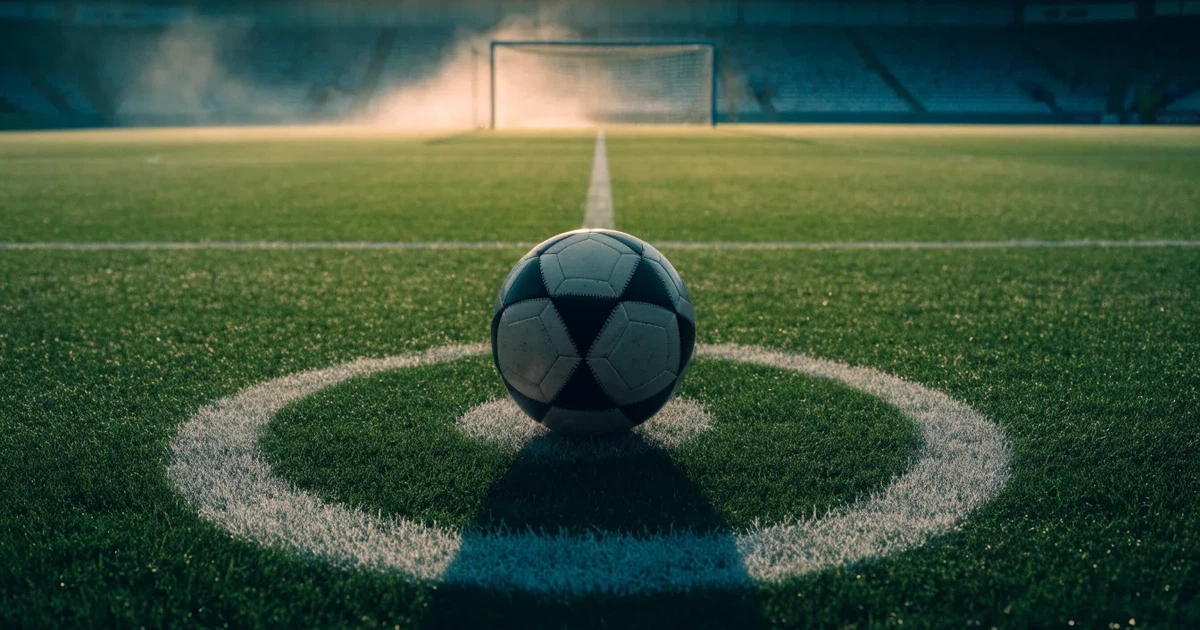 Uma bola de futebol no ponto central de um relvado, à luz da manhã