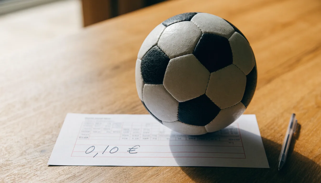 Uma bola de futebol pousada sobre um talão de apostas em branco numa mesa de madeira, à luz do dia