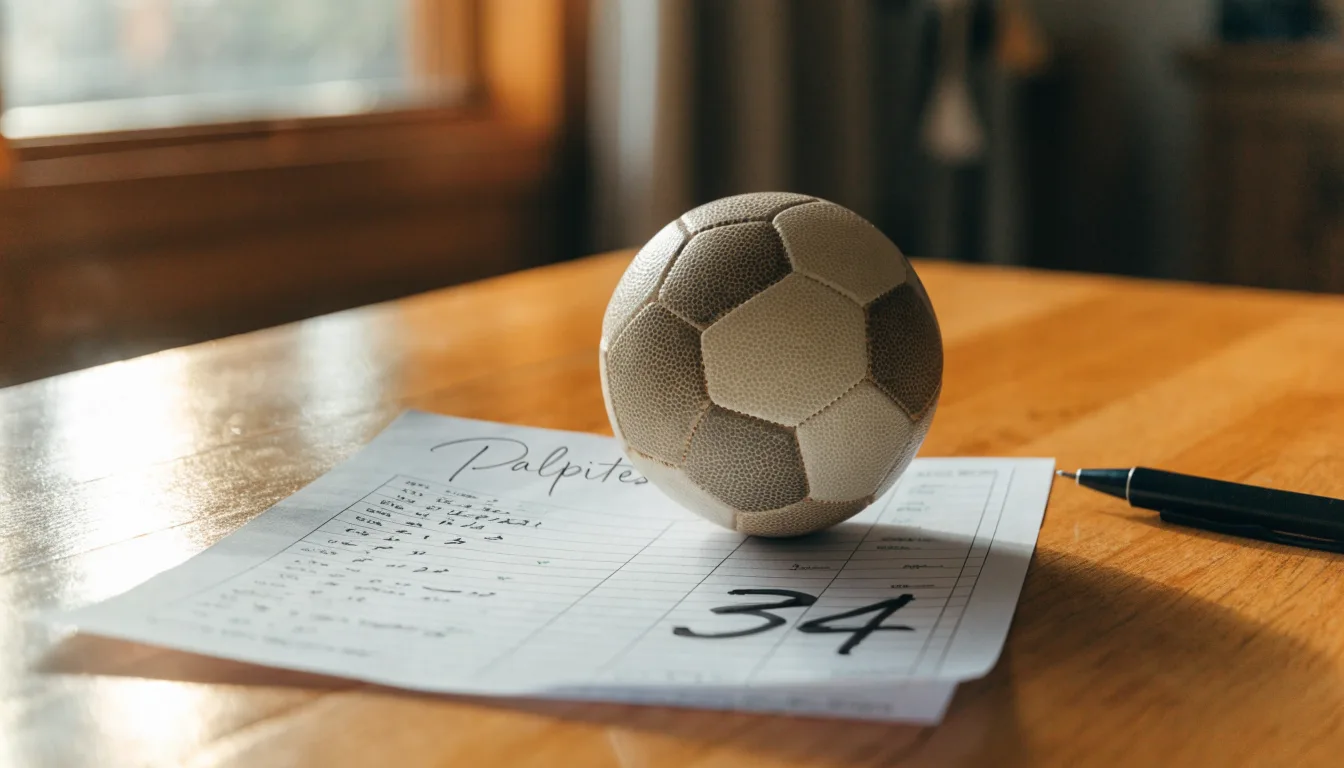 Uma bola de futebol pousada sobre um talão de apostas em branco numa mesa de madeira, à luz do dia