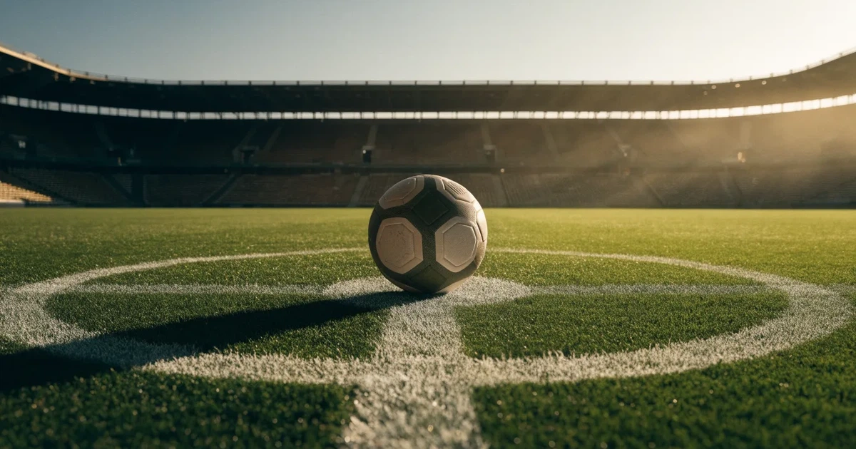 Uma bola de futebol no ponto central de um relvado, à luz da manhã