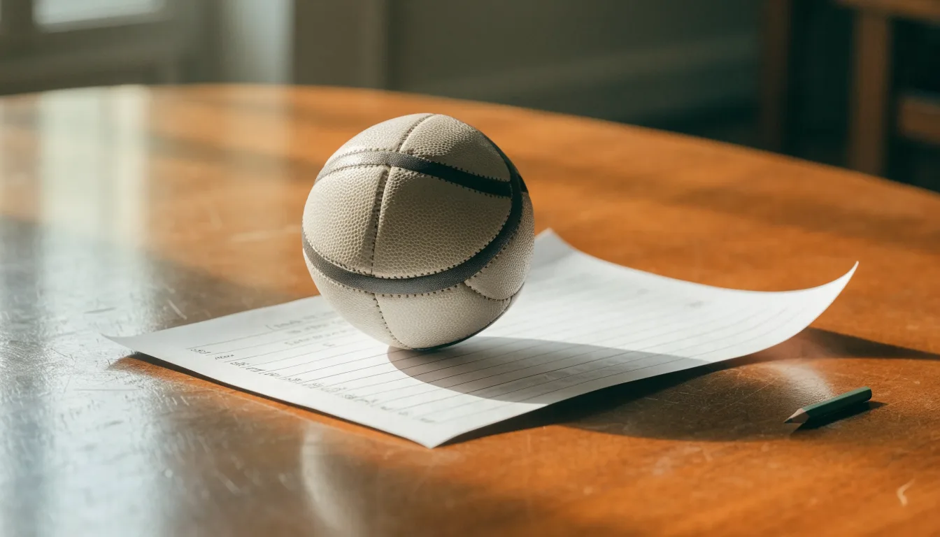 Uma bola de futebol pousada sobre um talão de apostas em branco numa mesa de madeira, à luz do dia