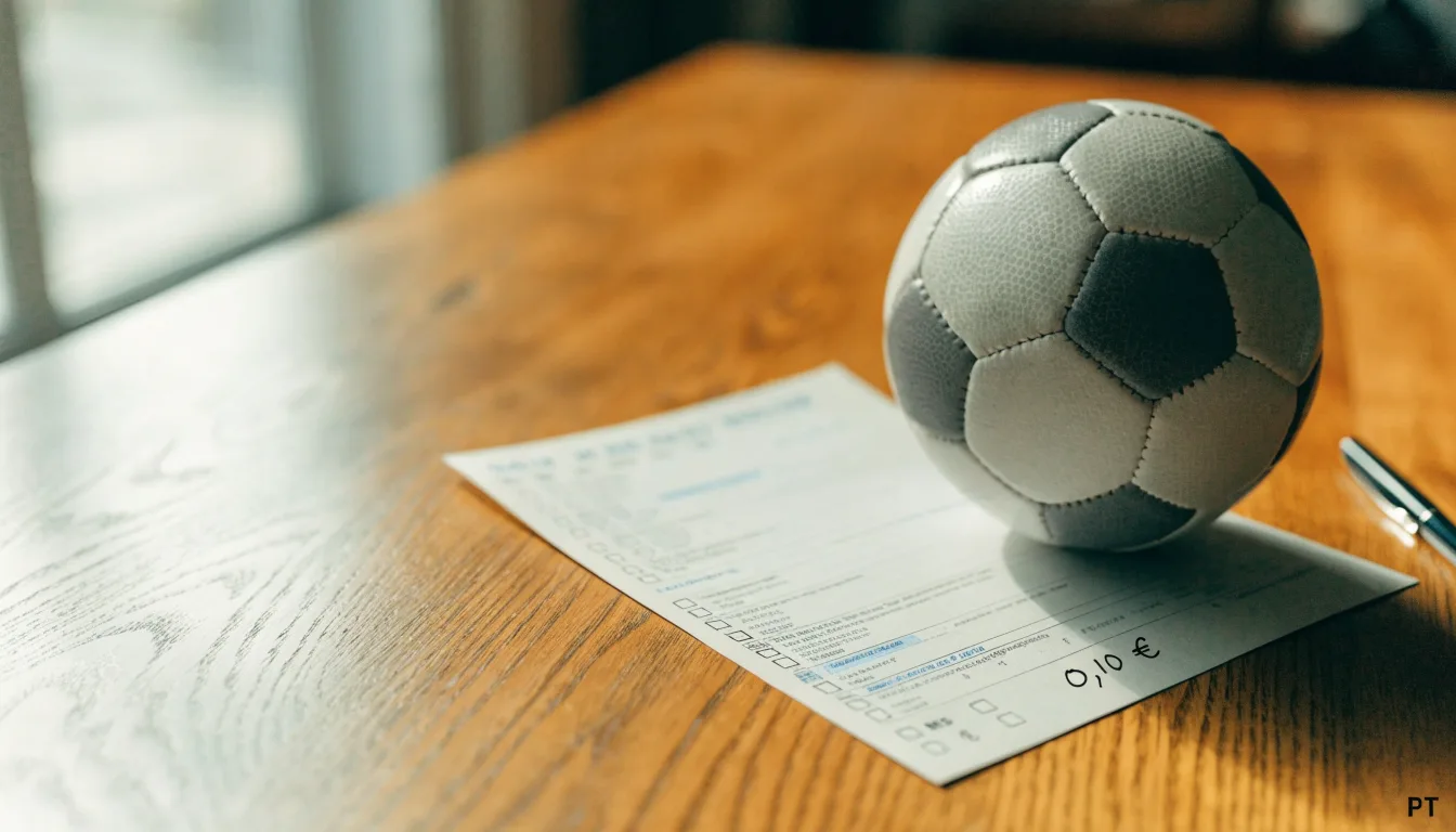 Uma bola de futebol pousada sobre um talão de apostas em branco numa mesa de madeira, à luz do dia