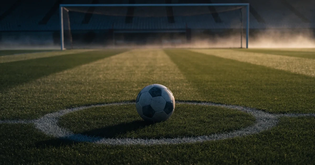 Uma bola de futebol no ponto central de um relvado, à luz da manhã