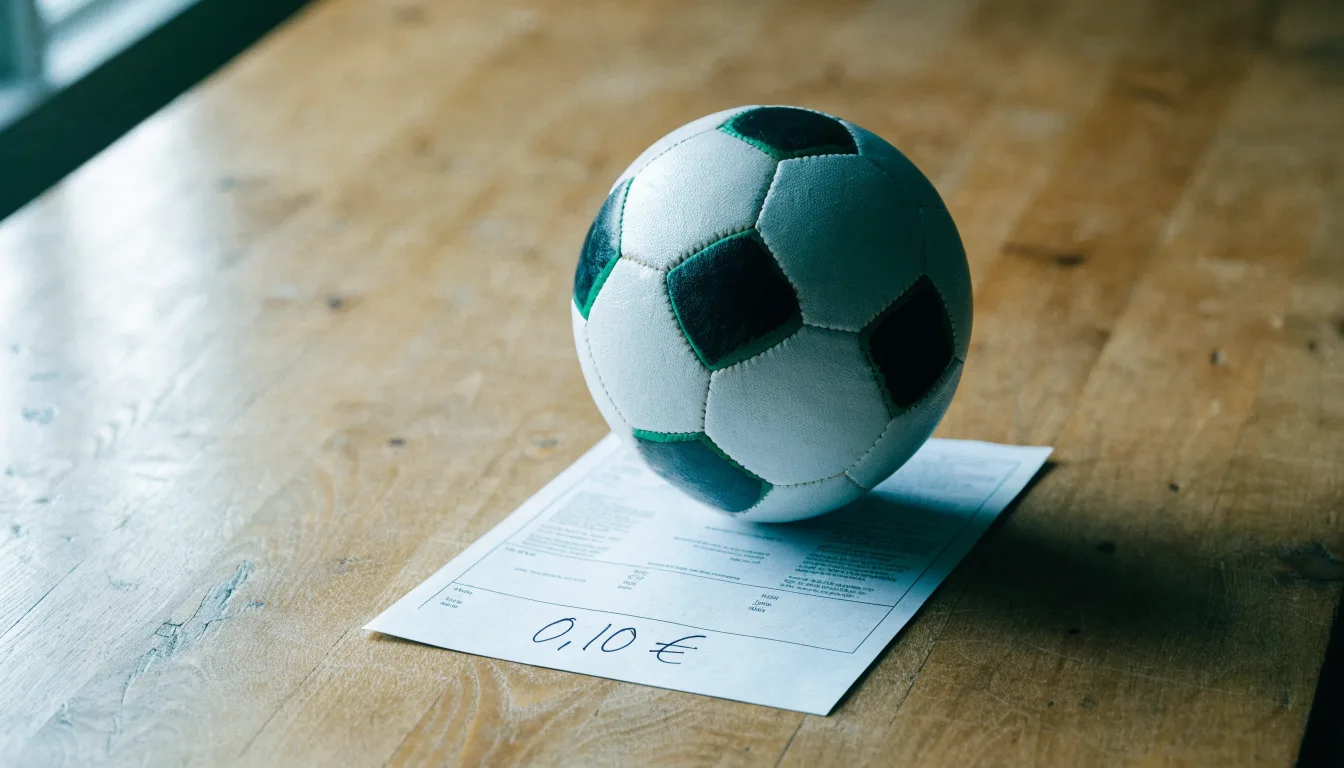 Uma bola de futebol pousada sobre um talão de apostas em branco numa mesa de madeira, à luz do dia
