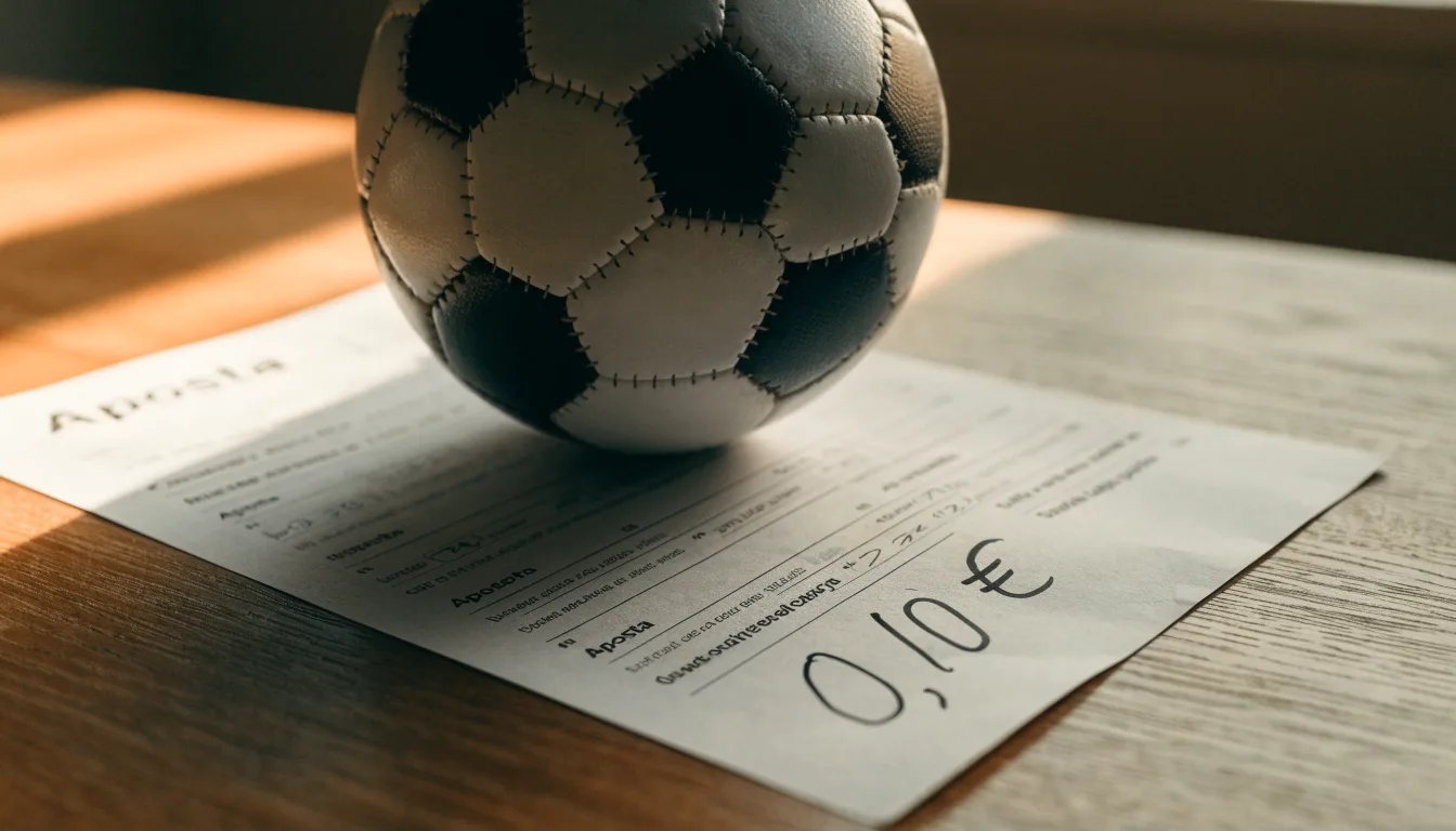 Uma bola de futebol pousada sobre um talão de apostas em branco numa mesa de madeira, à luz do dia