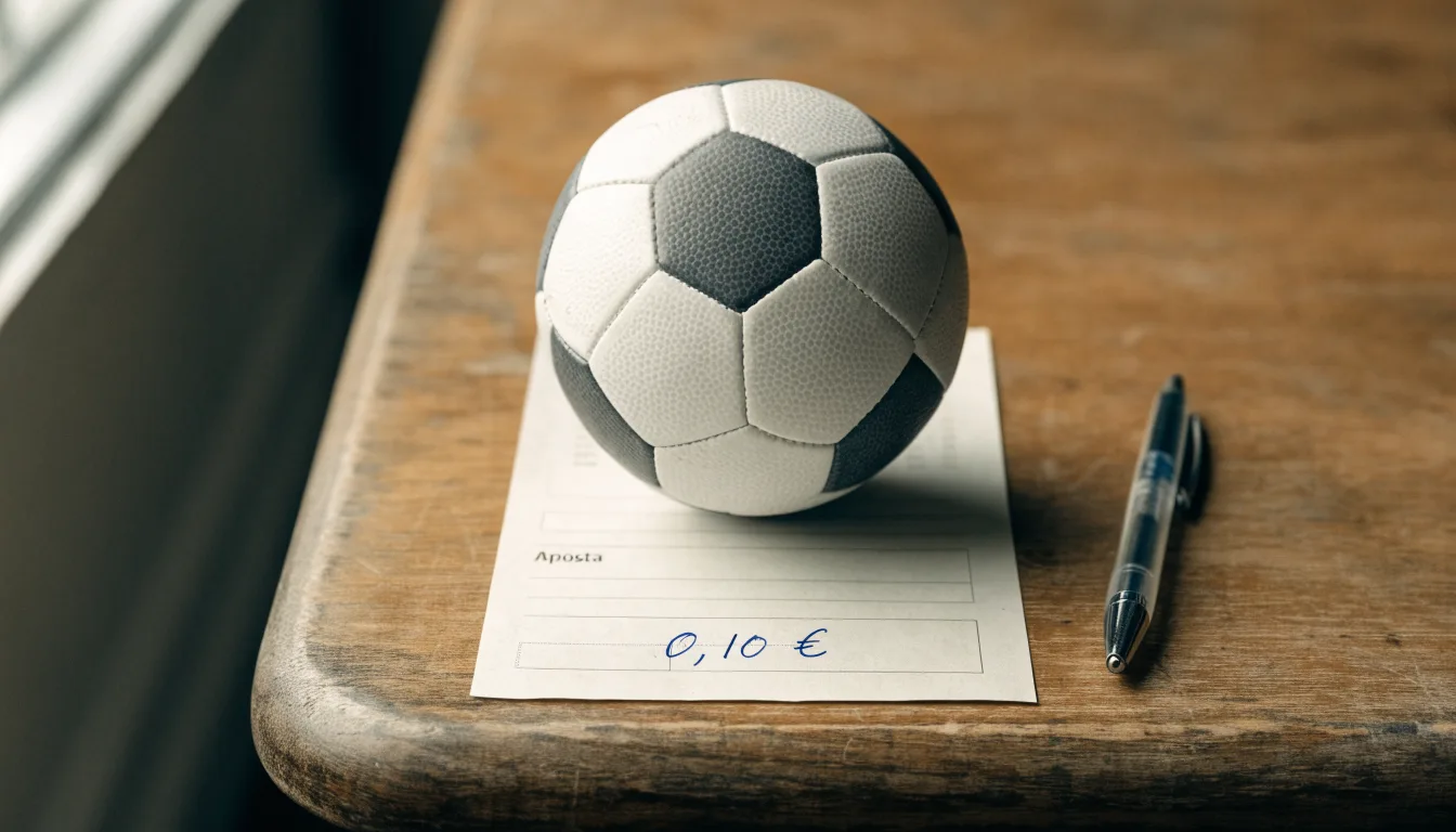 Uma bola de futebol pousada sobre um talão de apostas em branco numa mesa de madeira, à luz do dia